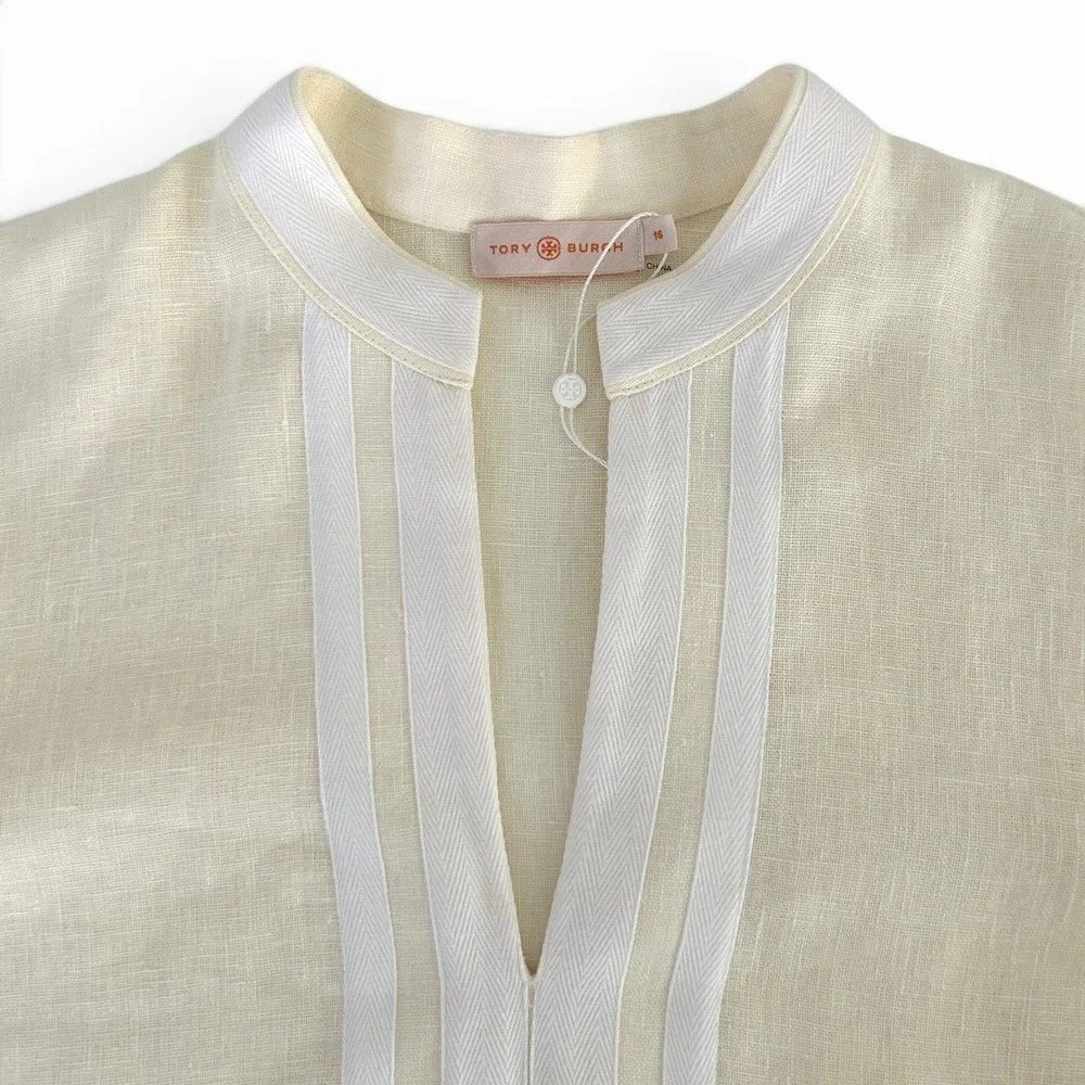 Tory Burch Women 16 Cream Ivory Multicolor 100% Linen Embroidered Tunic Top NWT